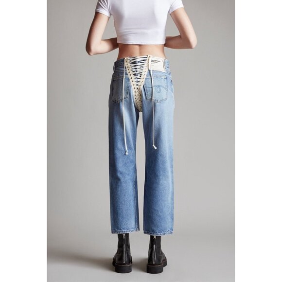 R13 Blue Refurbished Denim Back Lace Jeans Large High Waist Corset  NWT! $895 - Picture 1 of 16